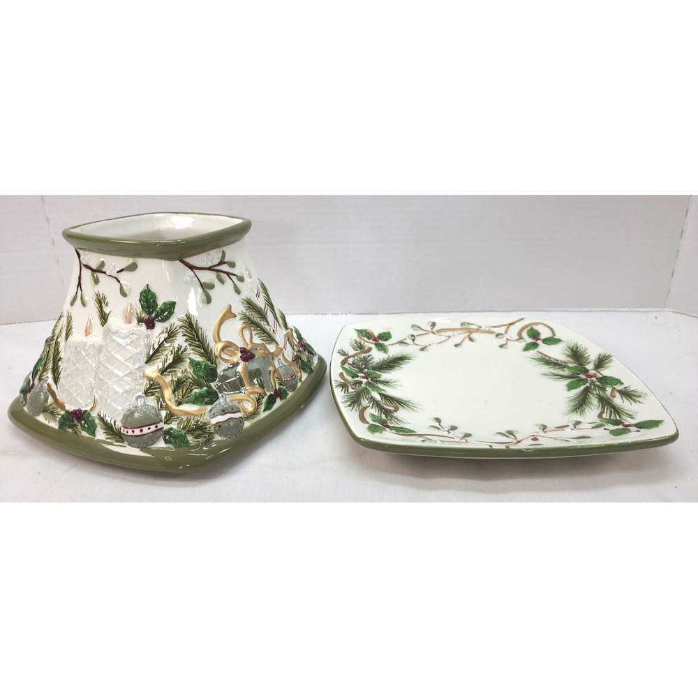Yankee Candle Mistletoe Candle Jar Shade Holder w Plate Ceramic Holiday **READ**